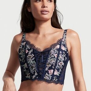 Victoria's Secret Dream Angels Blue Floral Applique Bustier Corset Bra Boudoir S
